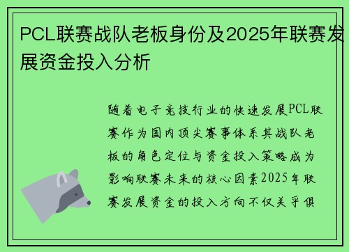 PCL联赛战队老板身份及2025年联赛发展资金投入分析